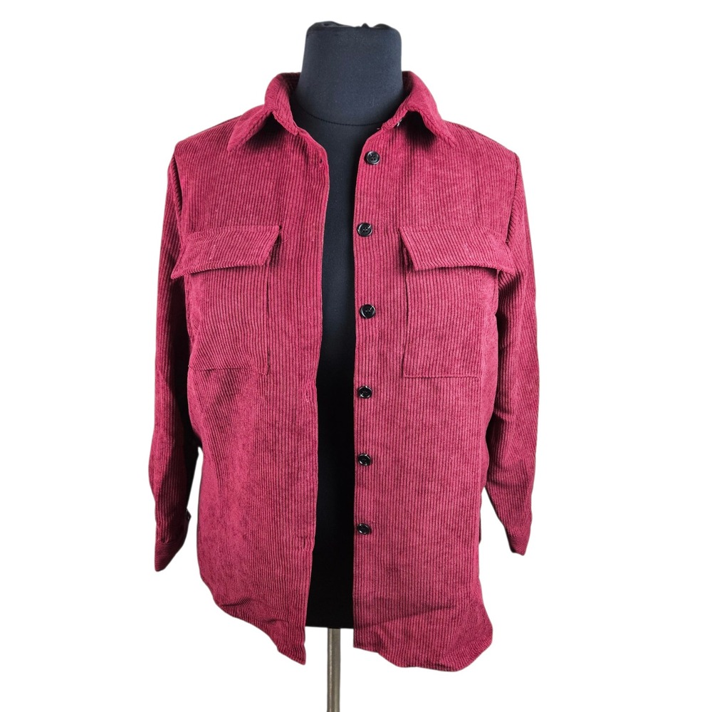 Shein Curve 0XL Corduroy Shirt Jacket Burgundy Long Sleeve Button Up‎ Top